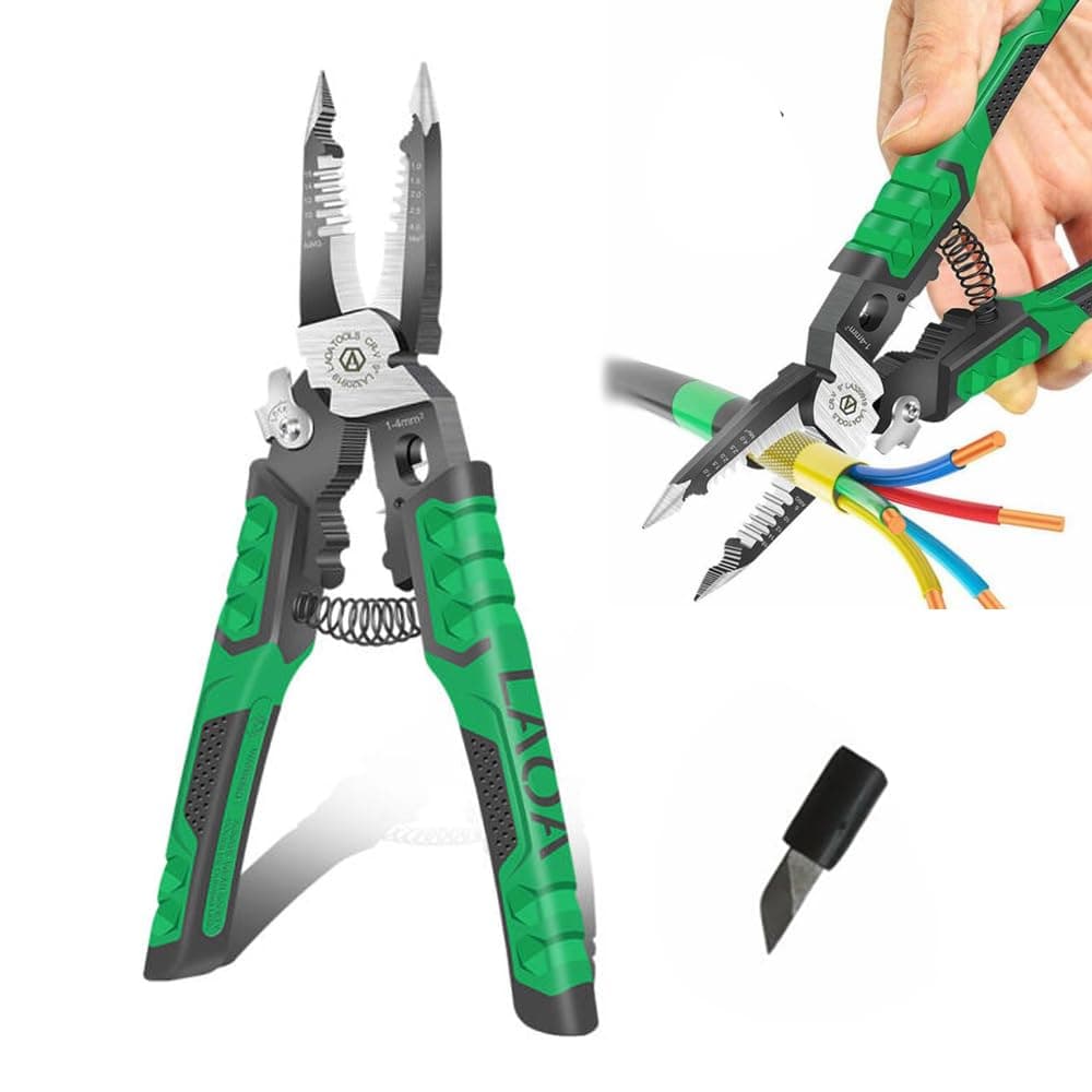 Needle Nose Pliers Electrician Pliers Wire Stripper Wire Stripper Tool,9-in-1 Multifunctional for Clamping,Tightening Screws,Stripping Wires,Cutting Cables,Iron Wires with 1pc blade