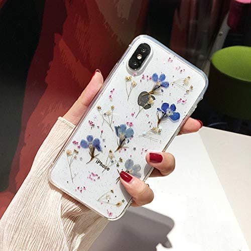 iPhone Xs Max FlowerShinymore iPhone Xs Max Flower Case, Soft Clear Flexible Rubber Pressed Dry Real Flowers Case Girls Glitter Floral Cover for iPhone Xs Max-Navy