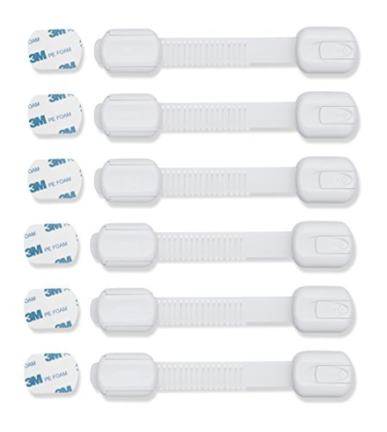 Child Safety Cabinet Locks (6 Pack) – Adjustable Baby Proofing Strap Latches with Strong 3M Adhesive – No Drill Childproof Locks for Drawers, Cabinets, Fridge, Door, Closet, White