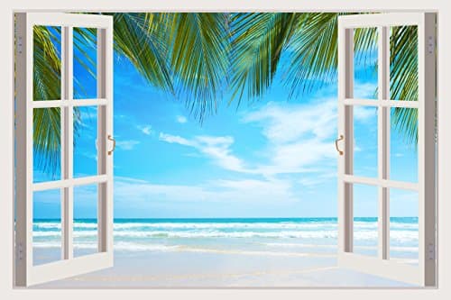 Mi Alma 3D Removable Vinyl Wall Mural Stickers Window Frame Design – Wide Variety of Realistic Views – Easy to Apply Peel & Stick – Incomparably Durable Wall Decals (33.5x45 Inch, Palm Beach)