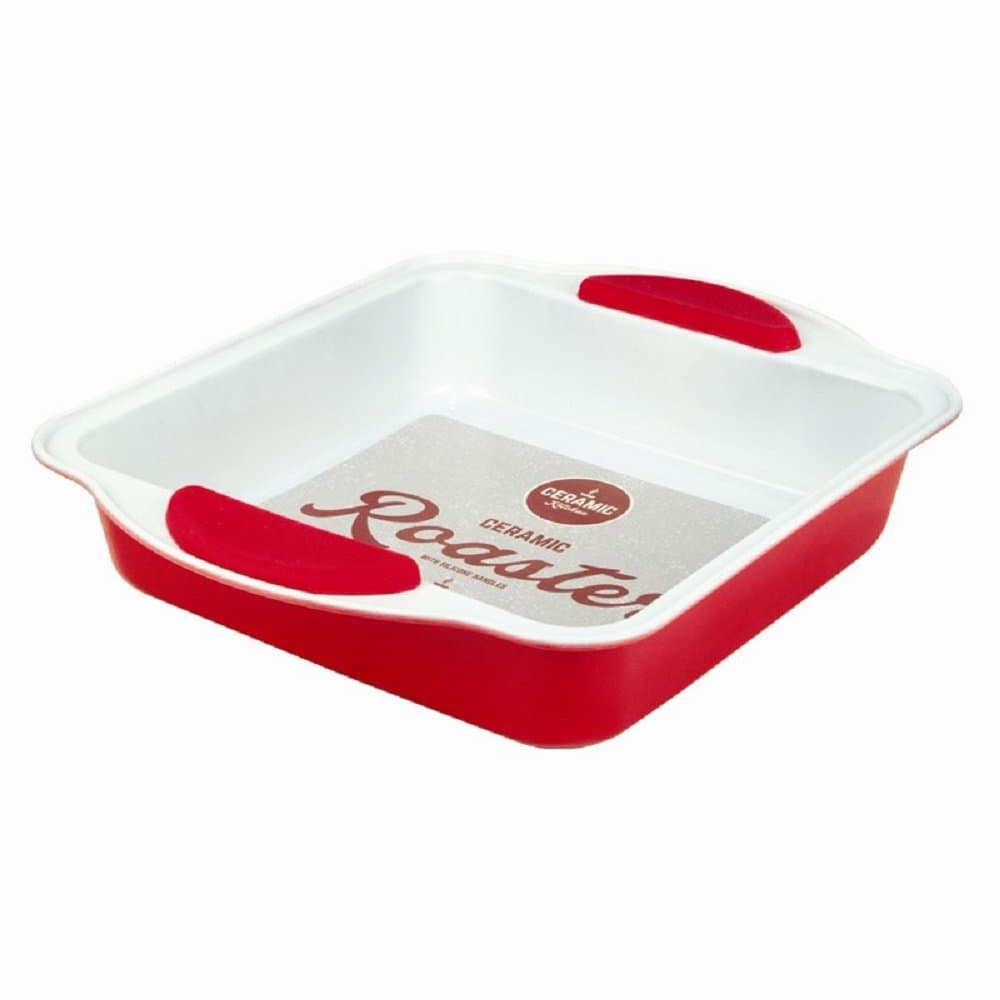 1x Square Ceramic Roasting Tray/ Coated Baking/ Cooking/ Oven Tray with Silicone Handles- 22x22x5.5cm
