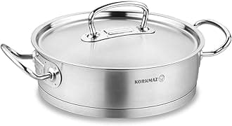 Korkmaz Proline 3 Quart Stainless Steel Low Casserole Saute Pot Stockpot With Lid and Handles Silver a1172