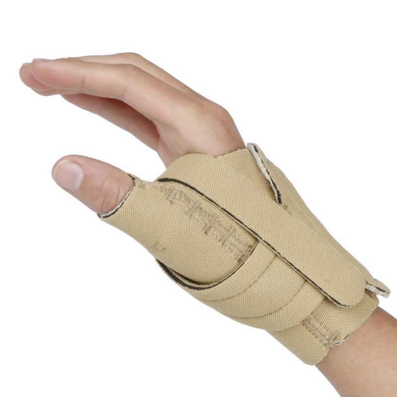 Thumb CMC Restriction Splint. Beige Patented Thumb Brace Provides Support/Compression. Indications - Arthritis, Tendinitis, Dislocations, Sprains, Repetitive Use. Right Medium
