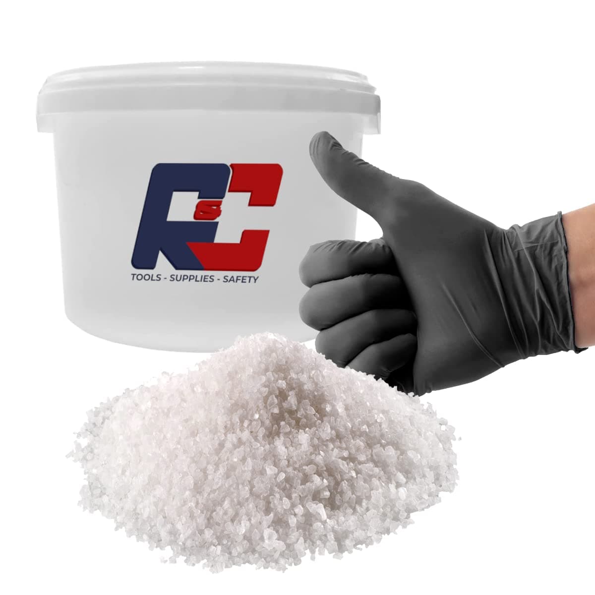 R&C Components Ltd De-Icer White Rock Salt Kit - Food Grade White Bucket Deicing Salt with Gloves to Spread - Ideal for Small Drive Ways, Paths, Stairways, Entrances Ice Melt