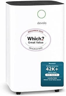 Devola 12L/day Low Energy Dehumidifier, Quiet & Energy Efficient (costs less than 5p per hour) Dehumidifiers for Home, Laundry Drying Dehumidifier, Dust Filter -WHICH? BEST BUY AWARD