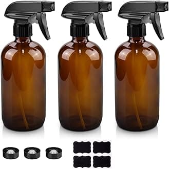 Glass Spray Bottles, 16oz Amber Glass Spray Bottles with Labels & Adjustable Nozzle, Reusable Containers for Cleaning, BBQ, Food, Plants, Alcohol, Essential Oils(3 Pack)