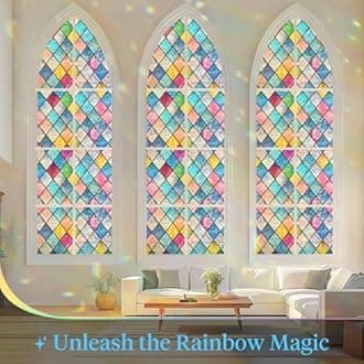 Haton Stained Glass Window Film, Rainbow Window Privacy Film, Decorative Sun Blocking Glass Clings Stickers, Static Cling Colorful Lattice Coverings Decals for Home Door 35.4" x 78.7"