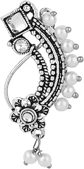 I Jewels Navratri Ethnic Silver Oxidised Non Piercing Maharashtrian Nath For Women