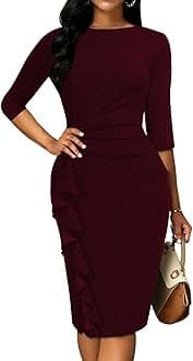 YajedoChurch Dresses for Women 3/4 Sleeve Bodycon Ruffle Vintage Wear to Work Pencil Midi Dress
