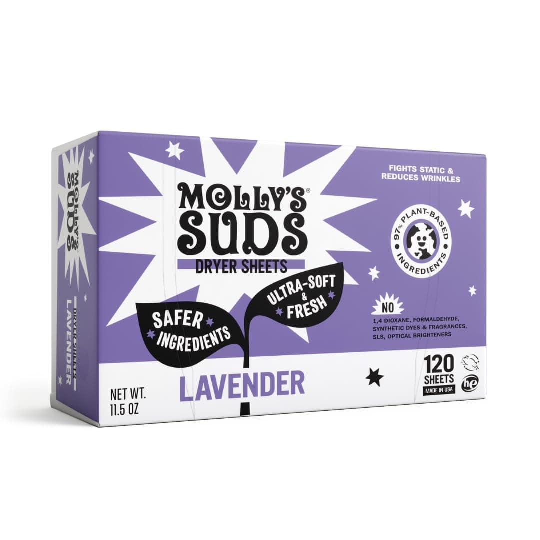 Fabric Softener Dryer Sheets for Sensitive Skin | Plant-Based Static Reducer, Plastic-Free Packaging | Lavender (120 Sheets)