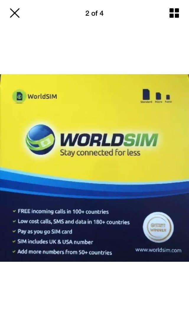 WorldSIM International SIM Card - Including £10 Credit