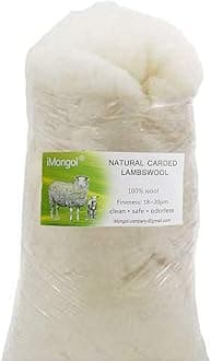 iMongol Carded Lambs Wool Stuffing Batting for Needle Felting, Knitted Crafts, Bright Creations, Pillow Filler, Stuffed Animals, Cushions,Super Clean Fine, Natural White(3.6oz / 100grams)