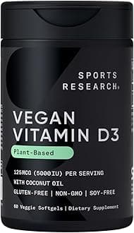 Sports Research Vegan Vitamin D3 5000IU (125 mcg) with Coconut Oil | 100% Plant-Based Vitamin D for Bone, Joint & Immune Support | Carrageenan Free, Vegan Certified & Non-GMO Verified (60 Softgels)