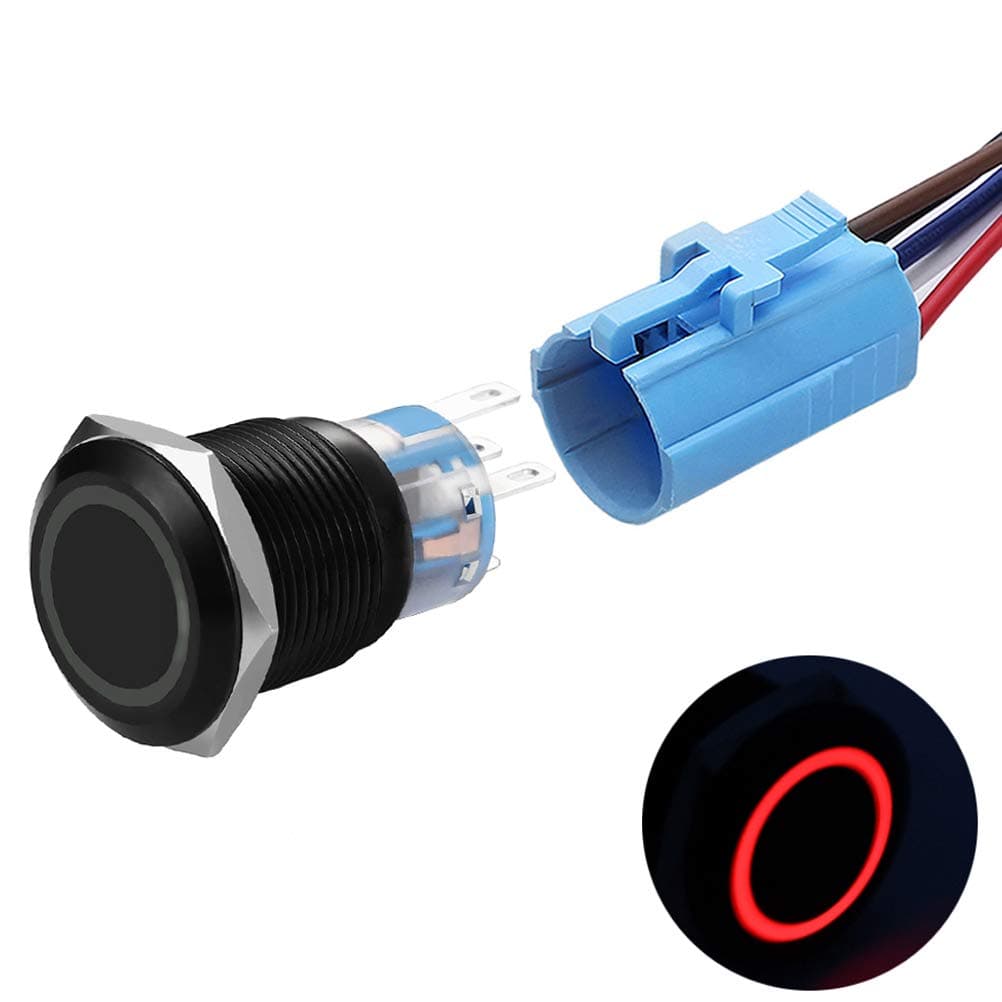 19mm Latching Push Button Switches SPDT ON/Off Waterproof Black Metal 12V Ring LED with Wire Plug (Red)