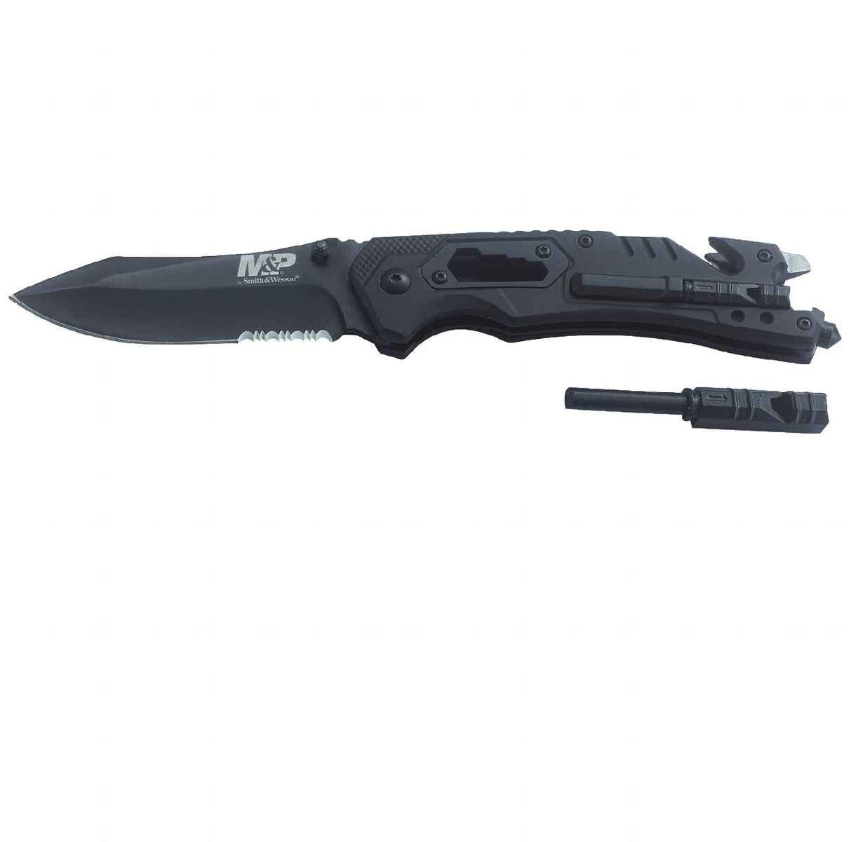 Smith & Wesson M&P 8.5in High Carbon S.S. Spring Assisted Folding Knife with 3.5in Serrated Drop Point Blade and Rubber Handle for Outdoor Survival and EDC,Tan