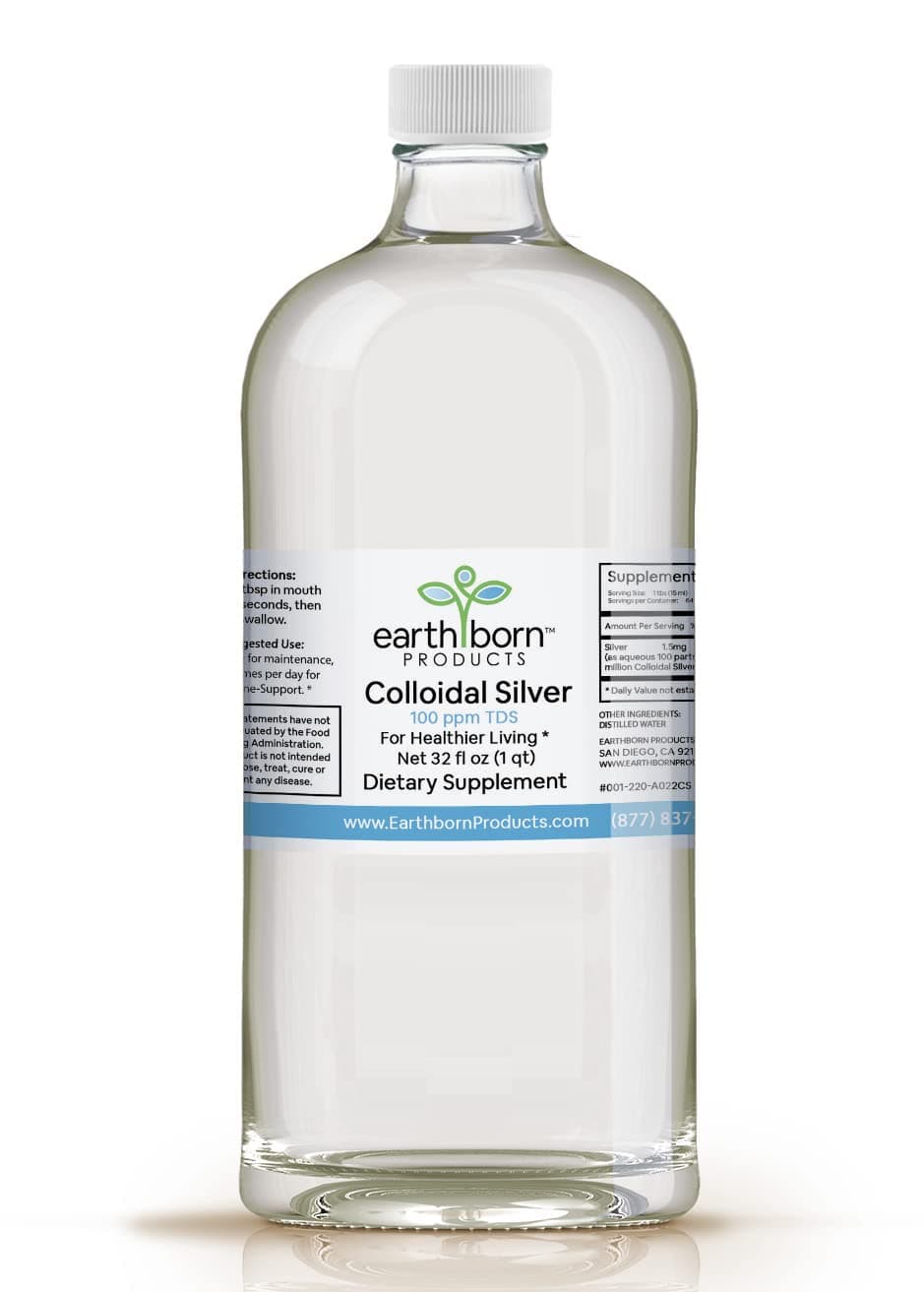 Earthborn Colloidal Silver Liquid (32oz) 100 PPM & 99.999% Pure Monatomic Silver Water - Natural Plata Colloidal Supplement for Immune Support, Unflavored, Glass Bottle
