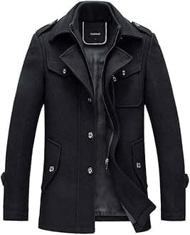 Mens Wool Coats Casual Thick Short Winter Trench Coat Regular Fit Peacoat with Detachable Inner Collar