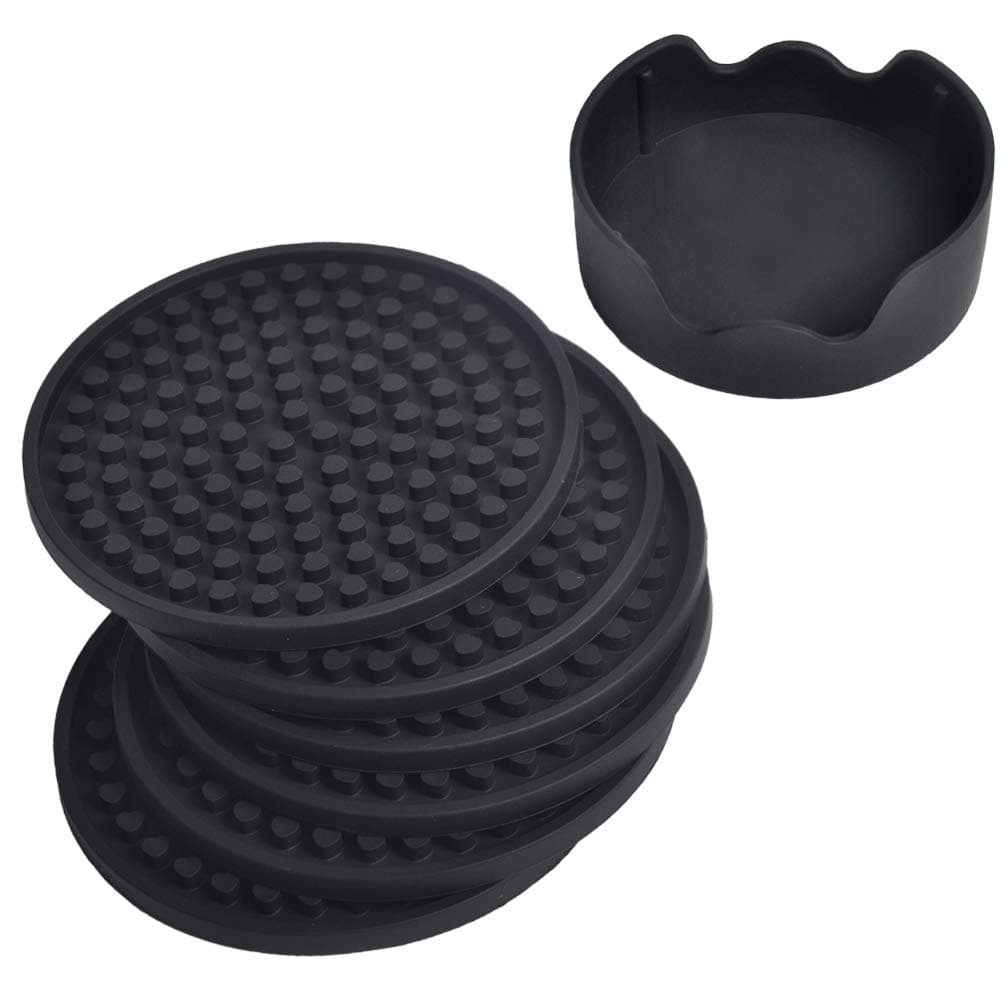 Mofason Coasters for Drinks Absorbent with Holder, Silicone Drink Coasters Set of 6 – Heat Resistant Waterproof Large Coffee Table Rubber Coaster for Furniture Protection (Black)