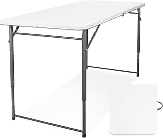 Folding Table 4 Foot, Portable Plastic Card Heavy Duty Fold-in-Half Small Foldable Table, Indoor Outdoor Adjustable Height Folding with Carrying Handle for Picnic, Camping, Party, White