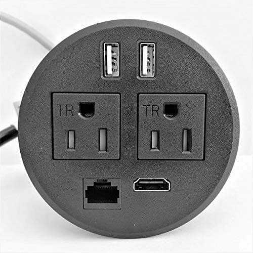 CJS Round Top Power Grommet with 2 TR AC Plugs, 2 USB charging Ports, 1 CAT6 Port, 1 HDMI port Universal Fit 3 1/8″ – 3 1/4″ (BLACK)
