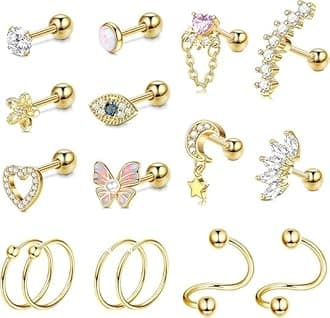 FUNRUN JEWELRY 16 G Cartilage Earrings Stud for Women Men Stainless Steel Stud Earrings Hypollergenic CZ Butterfly Heart Helix Tragus Piercing Jewelry