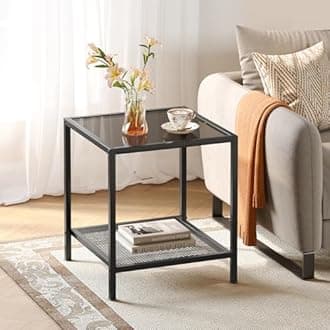 SAYGOERBlack Side Table Small Glass End Table 2-Tier Narrow Square Bed Side Table Sofa Small Leisure Table with Black Metal Frane for Living Room Bedroom Balcony Patio, Black Glass