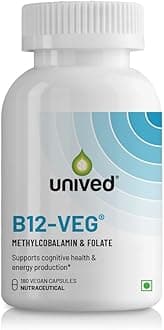 Unived Vitamin B12 Veg, Methylcobalamin (98%), with Methyltetrahydrofolate (5-MTHF), Brain Cells & Nerve Tissue Support, 180 Capsules