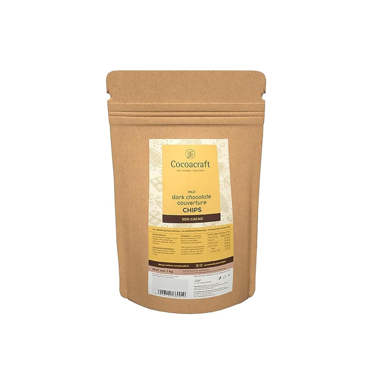 Cocoacraft 52% Mild Dark Couverture Chocolate Chips| 100% Natural | Handmade Artisanal Choco Chips from Kerala for Cakes, Cookies, Brownies, Pancakes | Baking, Decoration & Toppings | (1 Kg)