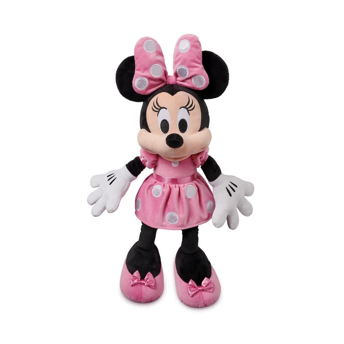 Official Minnie Mouse Soft Plush Toy, Medium 17 3/4 inches, Iconic Cuddly Character in Pink Polka Dot Dress and Bow with Embroidered Features, Suitable for All Ages