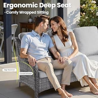 ovios 7 Pieces Patio Furniture Set with Swivel Rocking Chairs, Outdoor Wicker Sofa Couch Glass Coffee Table, All Weather High Back Modern Conversation Set, Grey Rattan, Grey