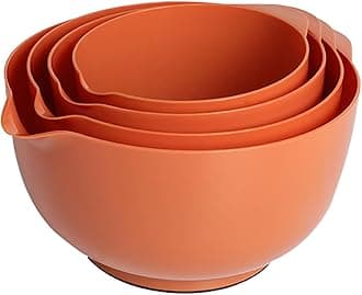 BoxedHome Nesting Plastic Mixing Bowl Set, 4 Piece Mixing Bowl Set with Pour Spouts, Size 1.7, 2.5, 3.5 and 4.5qt, for Prepping, Mixing, Baking, Cooking, Brownish Orange