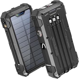 GOODaaa Portable Charger 42800mAh Built in 4 Cables and Thermometer 15W Fast Charging Power Bank Five Outputs Three Inputs Solar Charger Power Bank, SOS/Strobe/Strong Flashlights, Carabiner