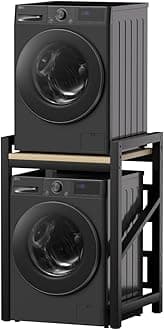 Over The Washer and Dryer Storage Shelf, Height Adjustable Washer Dryer Machine Stacking Rack, Space Saver Washer Dryer Stacking Kit, Metal Frames (Black Washer Dryer Stacking Kit)