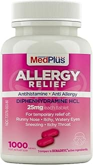 MedPlus Allergy Relief Medicine, Diphenhydramine HCl 25 mg, 1000 Tablets, Antihistamine, Relief for Indoor & Outdoor Allergies, Made in USA