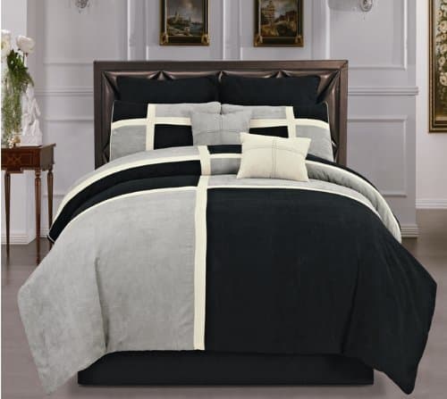 Hudson Street Soft Micro Suede Black Grey & Patchwork Duvet Cover Set, Full, 8 Piece