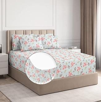 BSB HOME 220 Tc Premium Cotton All Round Elastic Fitted Bedsheets for Double Bed with 2 King Size Pillow Covers 220Tc Supersoft | Wrinkel Free Bed Cover Size - 72 X 78 +10 inches | Pink Flower & Aqua
