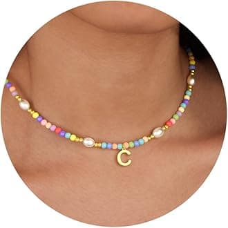 PoxtexColorful Initial Necklace for Girls – Trendy Dainty Beaded Choker with Letter Pendant, 14K Gold Plated, Cute Personalized Jewelry Gift for Kids, Teens, Women, Birthday, Christmas, Lockets