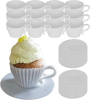 Evelots Teacup Silicone Cupcake Liners for Baking 24 Pc Set Oven Safe Non Stick (12 Cups & 12 Saucers) Reusable Baking Muffin Cups - BPA Free -2 Colors