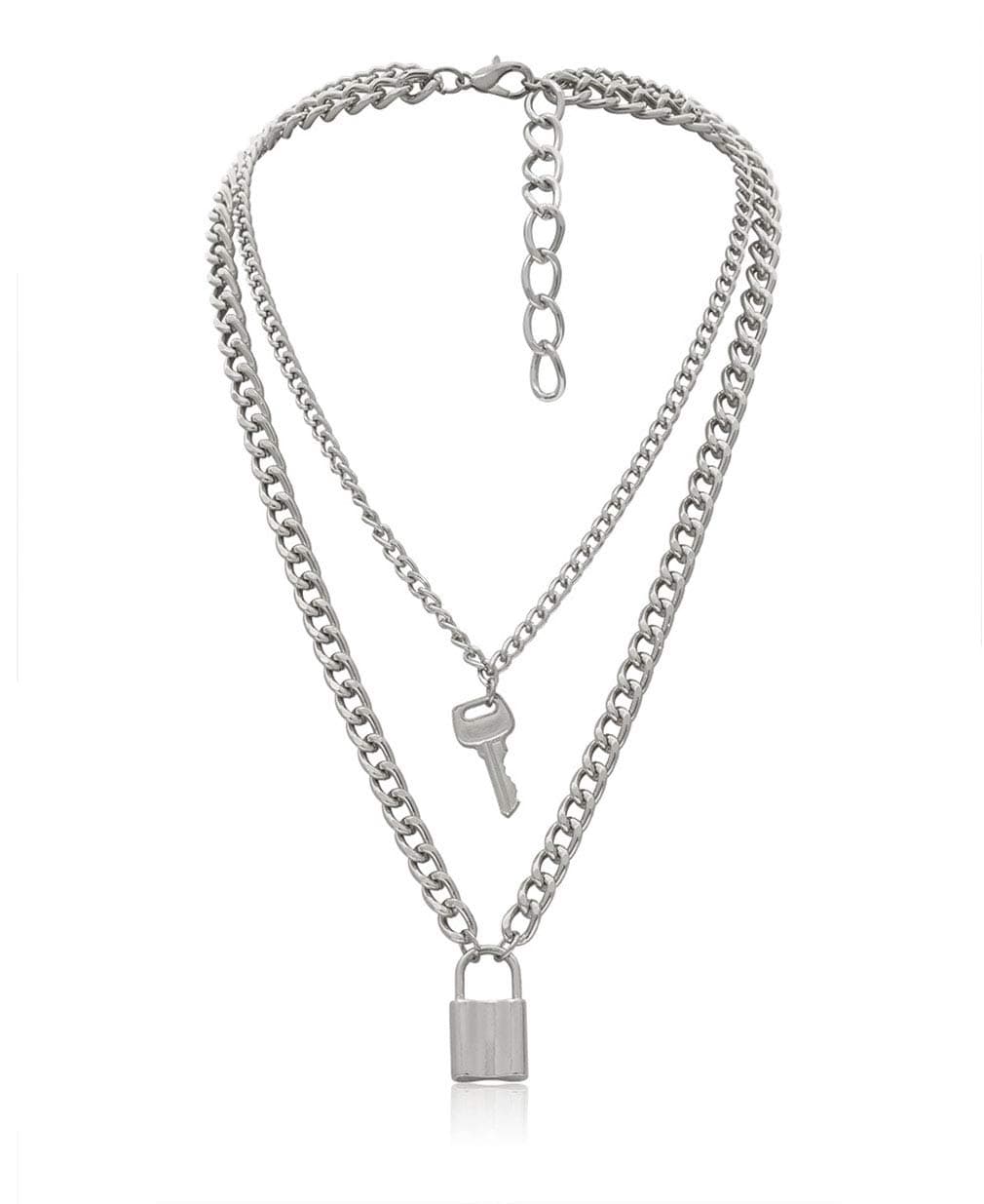 Lock Key Pendant Necklace Statement Long Chain Punk Multilayer Choker Necklace for Women Men