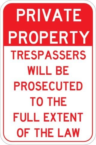 Private Property Trespassers Will Be Prosecuted Sign. Bold red 7" x 10" Industrial Aluminum. Clearly States You Trespass You Face Prosecution. Easily mounts to Walls, Posts, or Fences.