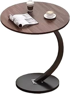 SKY-TOUCH Round End Table : Metal Frame Couch Side Table Wood Sofa Table for Living Room Bedroom Bedside Laptop Snack Coffee (Walnut)