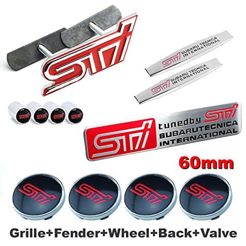 12pcs Sets AM67 STI Front Grille Red + Fender Side Sticker+ Back Sticker + Wheel Hub Caps + Wheel Tire Valve Caps Stem Air Car Emblem Badge For SUBARU LEGACY OUTBACK FORESTER Impreza WRX BRZ