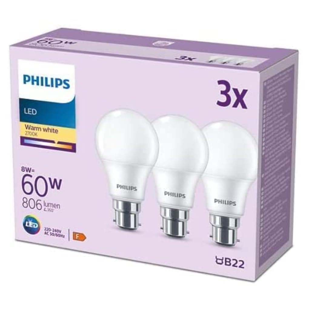 Philips LED Frosted A60 Light Bulb 3 Pack (Warm White 2700K - B22 Bayonet Cap) 60W, Non Dimmable for Home Indoor Lighting