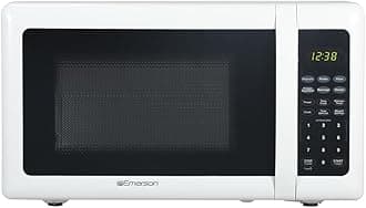 Emerson MW7302W Compact Countertop Microwave Oven with Touch Control, LED Display, 700W, 10 Power Levels, 6 Auto Menus, Glass Turntable and Child Safe Lock, 0.7 Cu., Ft. White