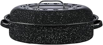 Granite Ware 15-Inch Covered Oval Roaster, 10 Lb Capacity - Enamel Steel Cookware, Dishwasher Safe & PFOA-Free, Even Heat Distribution for Roasting Poultry, Meat, or Vegetables (Speckled Black)