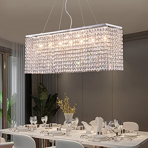 NOXARTE Crystal Chandelier Rectangular Modern Raindrop 7 Lights Hanging Pendant Light for Kitchen Dining Room L32