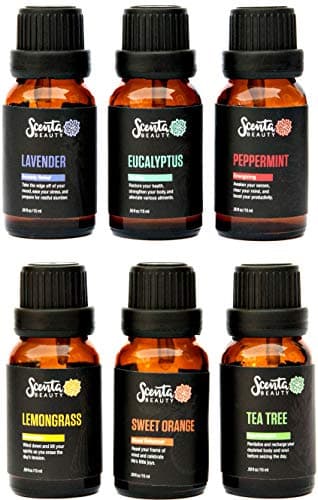 Scenta Beauty Diffuser Essential Oil Top 6 Starter Kit Gift Set, Aromatherapy, Slime, Anxiety, Sleep (100% Natural) 6/15ml bottles Lavender/Eucalyptus/Tea Tree/Sweet Orange/Lemongrass/Peppermint