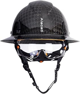 Alacati, Carbon Fiber Hard Hat Full Brim with Goggles- Safety Helmet with 6-Point Adjustable Ratchet Suspension- ANSI Z89.1 Compliant
