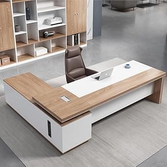 LITFAD L-shaped Office Computer Desk with Secure Drawer, CPU Cabinet and Cord Management Modern Wood Executive Desk Writing Desk Boss Table Office Furniture, Without Chairs, 118.1"L x 70.9"W x 29.5"H