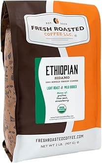 Fresh Roasted Coffee, Organic Ethiopian Sidamo | USDA, 100% Single Origin, Kosher | Light Roast 2 lb (32 oz) Whole Bean